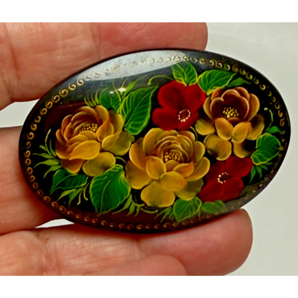 Unbranded Jewelry - Vintage Russian Lacquer Wood Brooch Pin Folk Art Miniature Red Beige Roses Gold